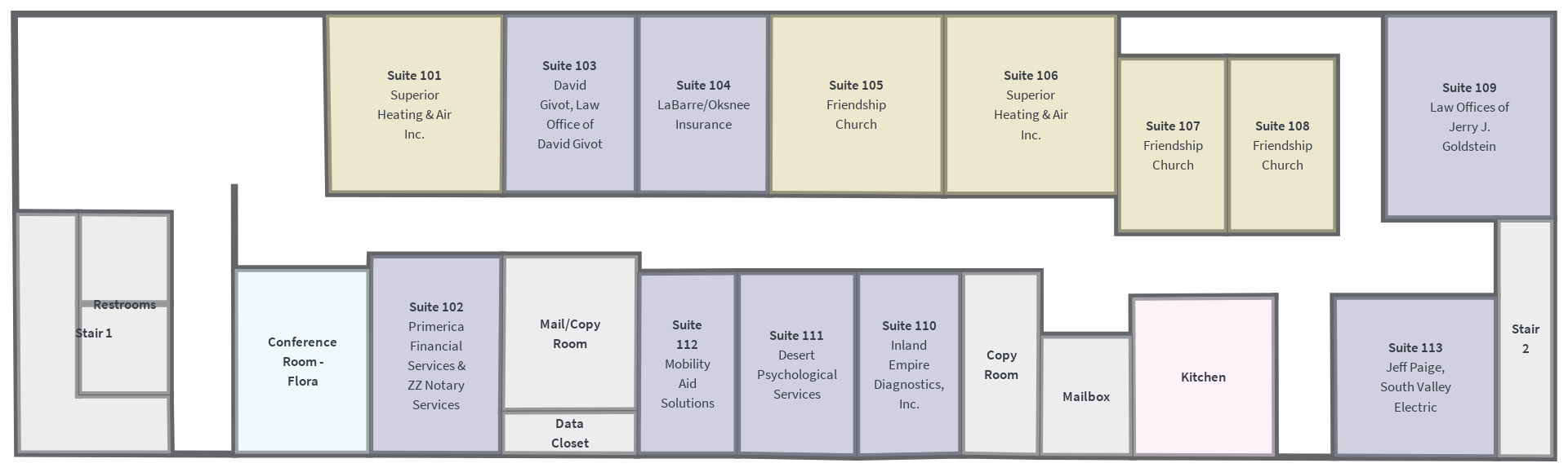 Flora Road first-level floor plan showing suites 101 through 113, conference room, kitchen, and mail room
